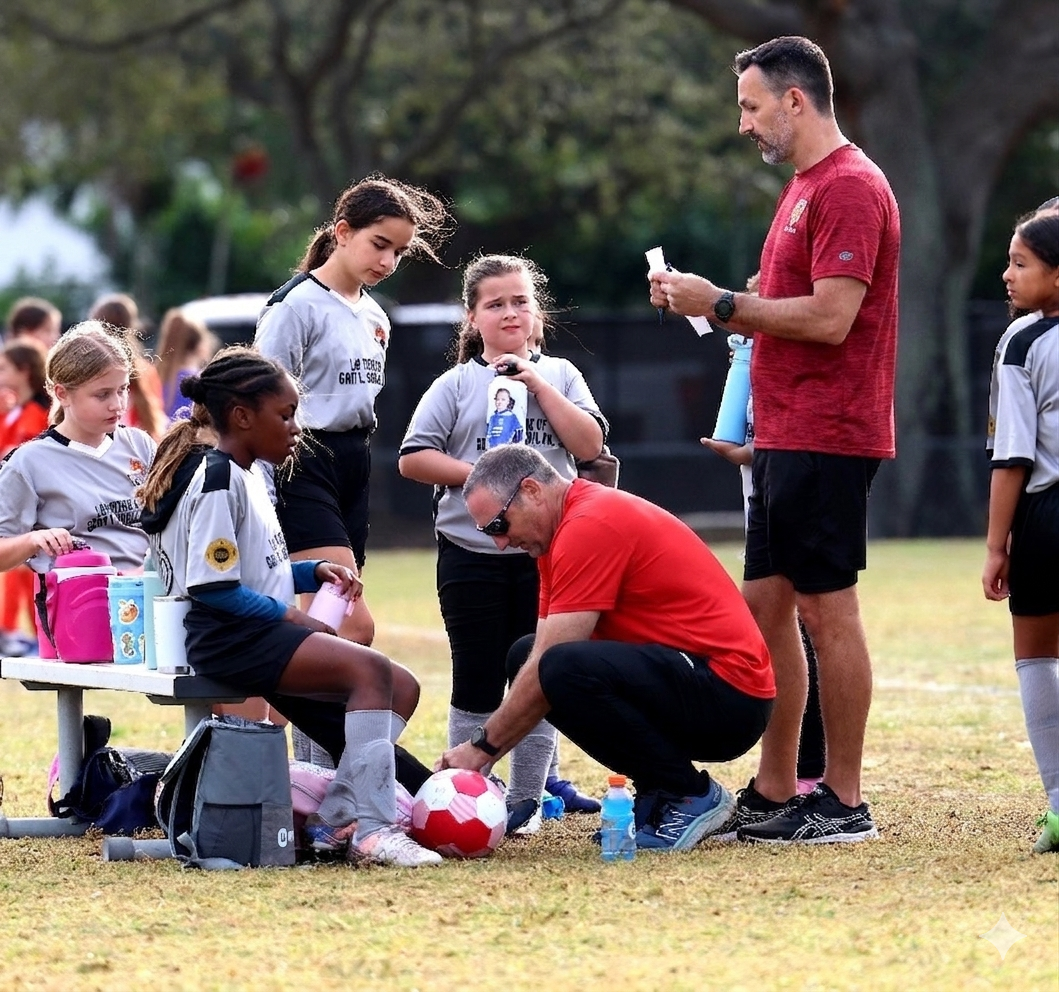 Youth soccer coach working with players